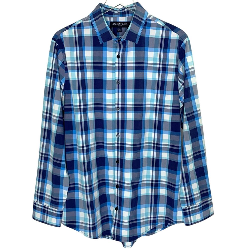 Mizzen + Main Performance Dress Shirt L Leeward Navy Aqua Multi Large Plaid